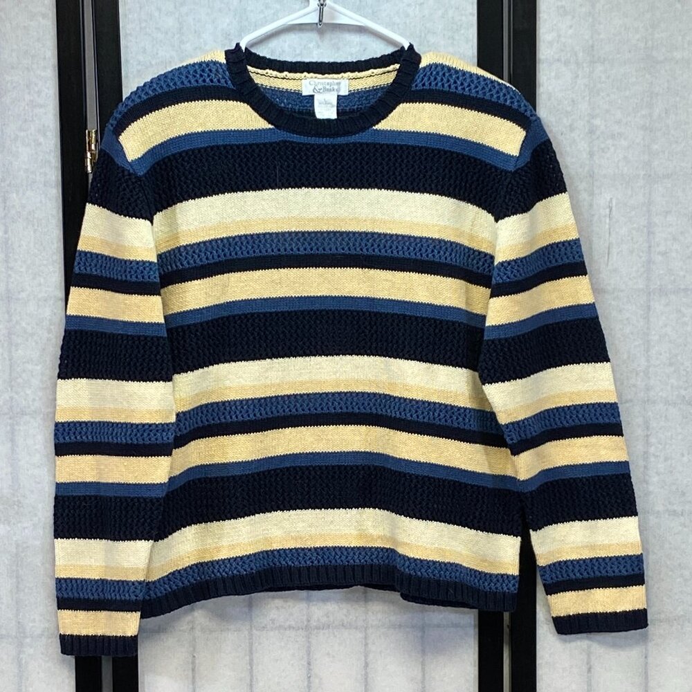 Christopher & Banks Stripe Openwork Knit Sweater Long Sleeve Crew Neck Pullover
